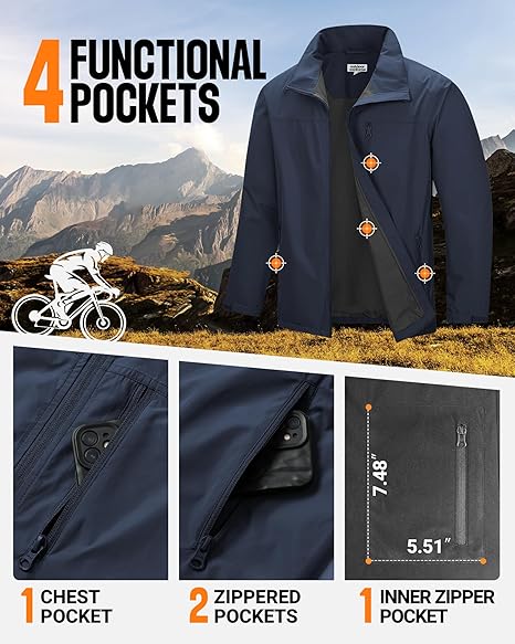 Outdoor Ventures Mens Lightweight Jacket Waterproof Softshell Jackets with Velvet Lined Stand Collar Windbreaker for Hiking Running Cycling Golf