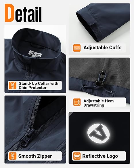 Outdoor Ventures Mens Lightweight Jacket Waterproof Softshell Jackets with Velvet Lined Stand Collar Windbreaker for Hiking Running Cycling Golf