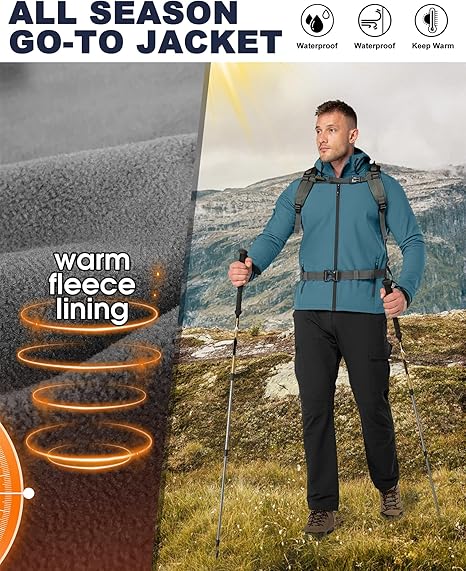 33,000ft Men's Waterproof Warm Softshell Jacket Lightweight Fleece Lining Jackets Hooded Rain Coat Windbreaker for Walking Hiking